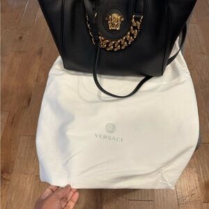 Versace Black and Gold Tote Bag with Luxurious Chain Detail
